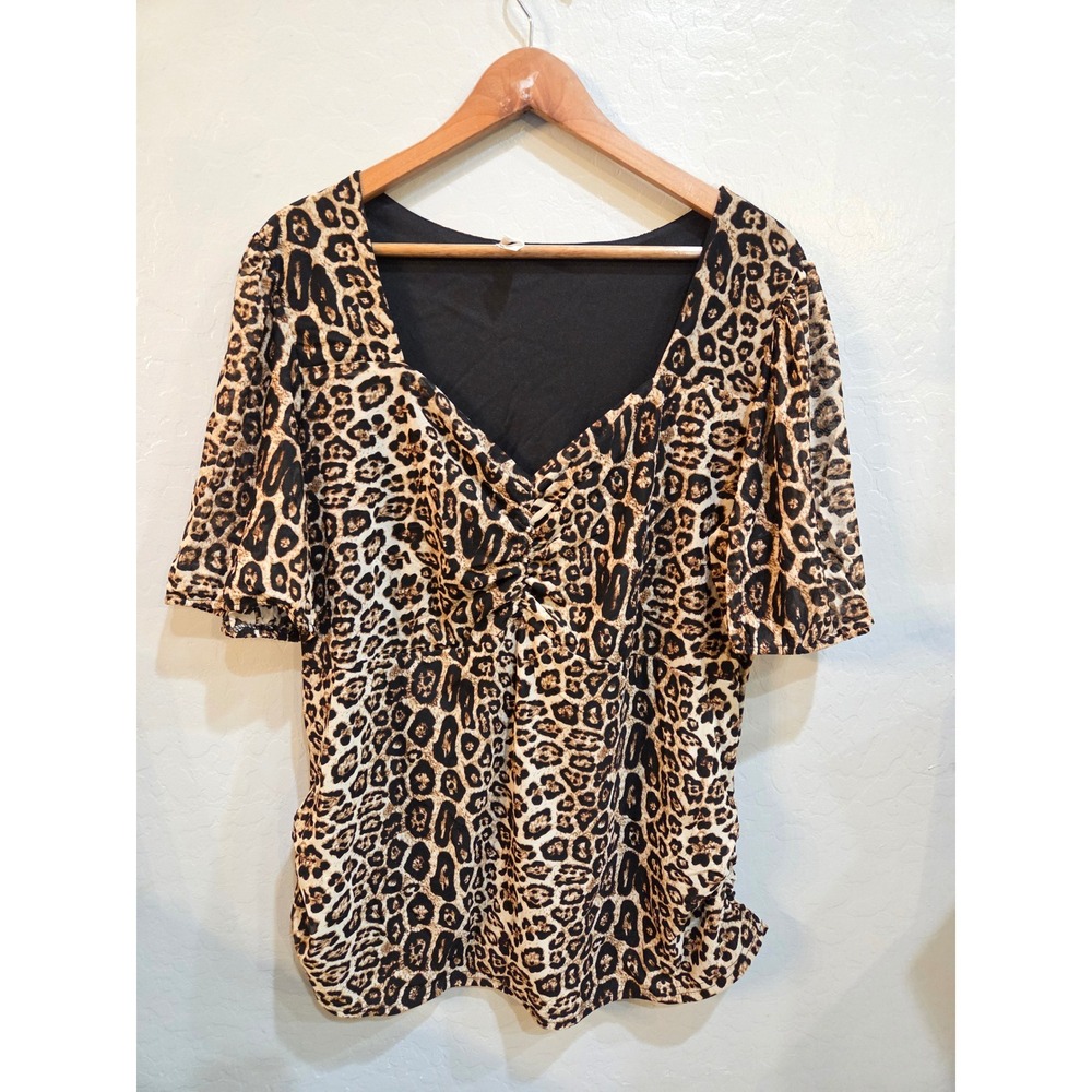 Y2k babydoll Siren Lily Women 2X Leopard Sweetheart Neck Short Sleeve Blouse Top